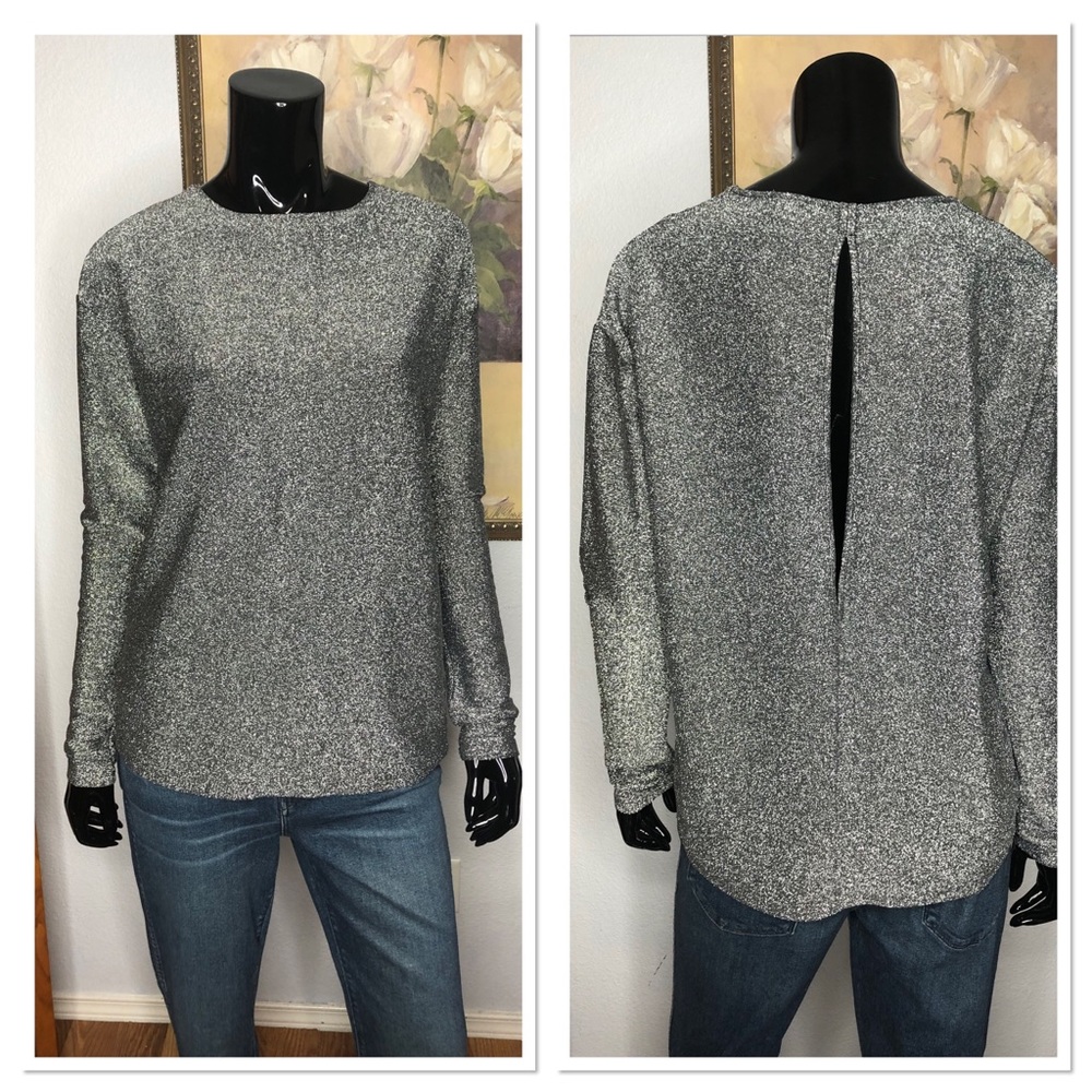 & Other Stories Women’s Back Slit Metallic Holiday Blouse Sz8 Viscous Blend Gray